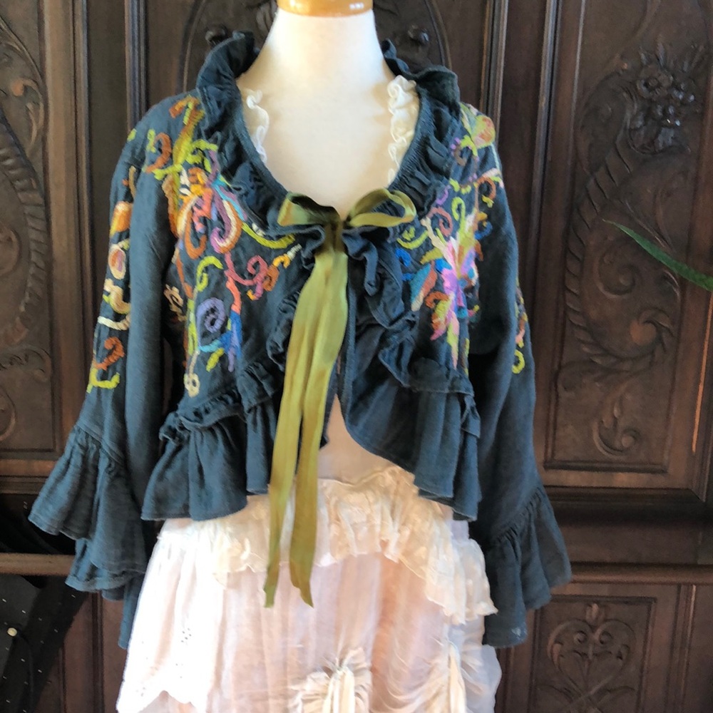 Magnolia Pearl blue linen hand embroidered bolero jacket
